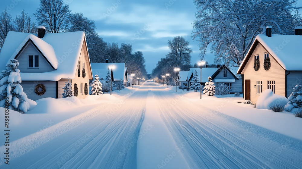 Wall mural Cozy snow-covered cottages along a charming village street, festive wreaths on doors, twinkling street lamps, and a peaceful, nostalgic Christmas night 