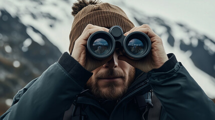 Hunter Scouting Landscape with Binoculars