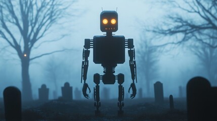 Ghostly robot rising from a haunted graveyard, eerie lights, 3D illustration