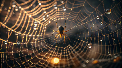 Fototapeta premium Glossy Spider Web Background with Dew Drops concept as A glossy background featuring a spider web glistening with dew drops against a dark eerie backdrop. Ideal for Halloween themed advertisements or 