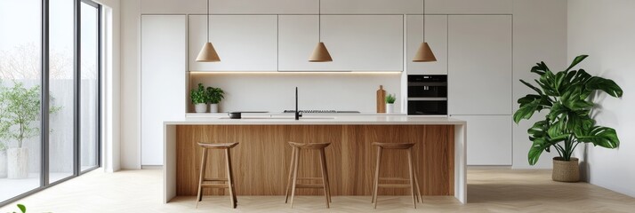 Modern Kitchen Island with Wooden Stools and Natural Light - A minimalist kitchen island with three wooden stools, a white countertop, and a large window bringing in natural light. The clean lines and