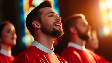 Diverse choir of Christian gospel singers dressed in elegant matching robes performing in a traditional church setting stained-glass windows glowing in background powerful emotion-filled scene 