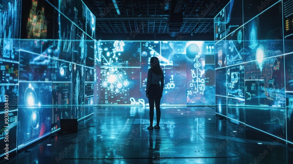 Poster a futuristic tech conference with holographic presentations and interactive ai-driven displays