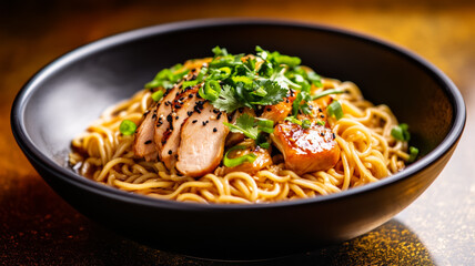 Elegant presentation of chicken noodles with intricate garnish dark moody setting with golden light emphasizing the richness of the broth and tender chicken 