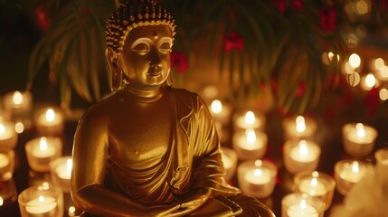 Fototapeta premium A golden Buddha statue bathed in soft, golden light at sunset, with a peaceful atmosphere