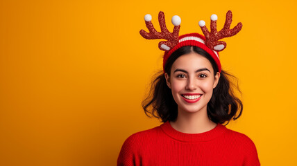 Excited Latina female model in a cozy oversized Christmas sweater and reindeer antlers posing confidently against a warm orange to gold gradient background empty space for text 