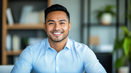 Energetic South Asian man in a business setting smiles at the camera while sitting at a conference table surrounded by documents modern office space 