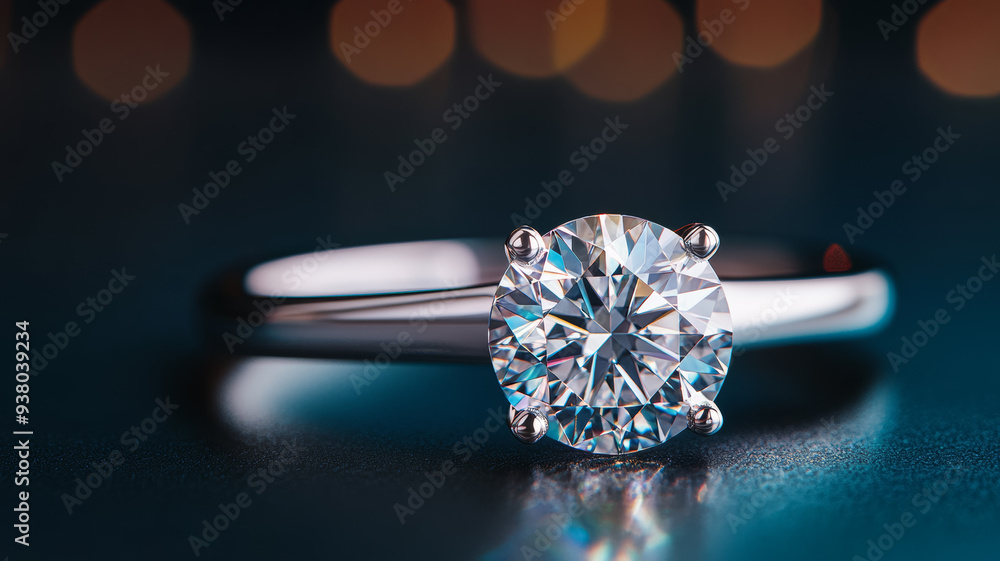 Poster gleaming diamond ring resting on a reflective surface set against a deep shadowy background bright l