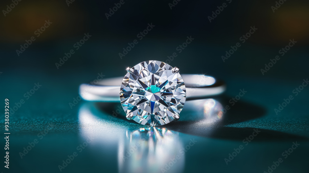 Poster gleaming diamond ring resting on a reflective surface set against a deep shadowy background bright l