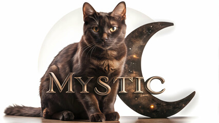 Holographic Cat and Moon with Mystic Text concept as A sleek holographic cat and crescent moon with the word Mystic in an elegant eerie font. The design is isolated on a white balance background offer
