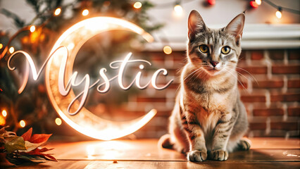 Holographic Cat and Moon with Mystic Text concept as A sleek holographic cat and crescent moon with the word Mystic in an elegant eerie font. The design is isolated on a white balance background offer