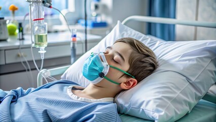 Unconscious young patient receives oxygen through a mask, prepared for dental surgery under general anesthesia, surrounded by medical equipment and sterile drapes in a hospital setting.
