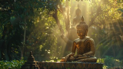 A golden Buddha statue seated in a lotus position, with soft morning light filtering through trees
