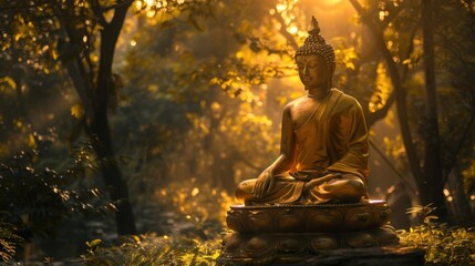 A golden Buddha statue seated in a lotus position, with soft morning light filtering through trees