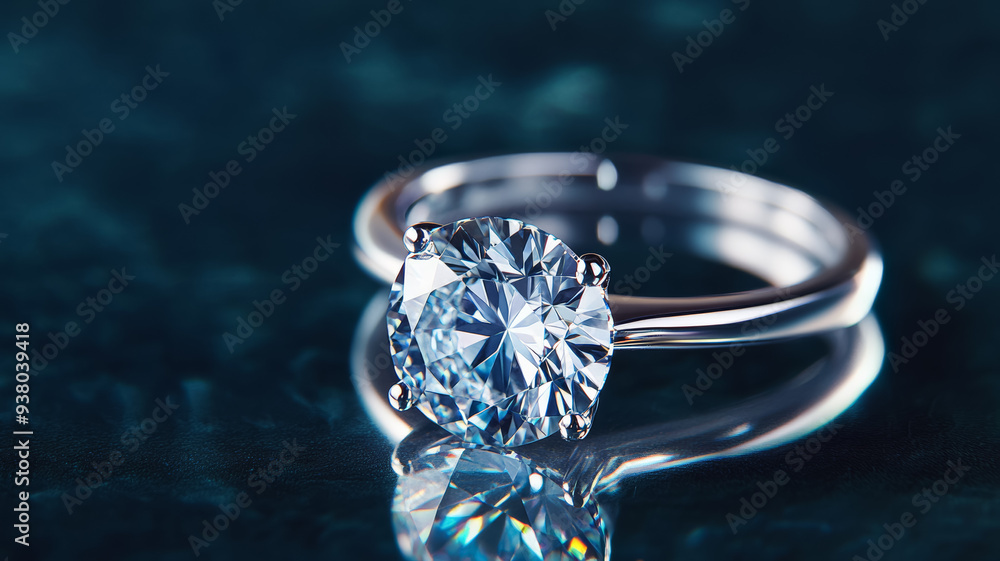 Poster gleaming diamond ring resting on a reflective surface set against a deep shadowy background bright l