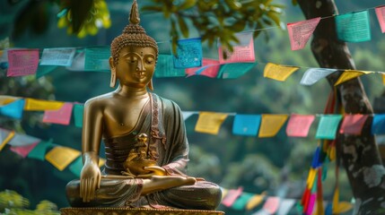 Obraz premium A golden Buddha statue surrounded by colorful prayer flags fluttering in the breeze