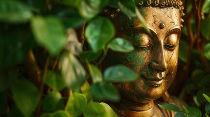 Obraz premium A golden Buddha statue with a peaceful smile, framed by vibrant green foliage