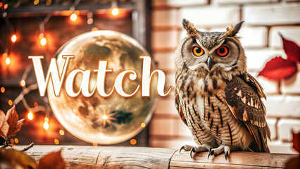 Holographic Owl and Moon with Watch Text concept as A sleek holographic owl and crescent moon with the word Watch in an elegant eerie font. The design is isolated on a white balance background offerin
