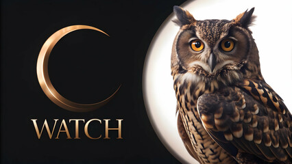 Holographic Owl and Moon with Watch Text concept as A sleek holographic owl and crescent moon with the word Watch in an elegant eerie font. The design is isolated on a white balance background offerin