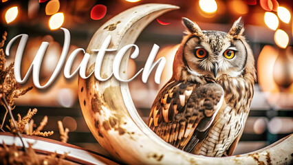 Holographic Owl and Moon with Watch Text concept as A sleek holographic owl and crescent moon with the word Watch in an elegant eerie font. The design is isolated on a white balance background offerin