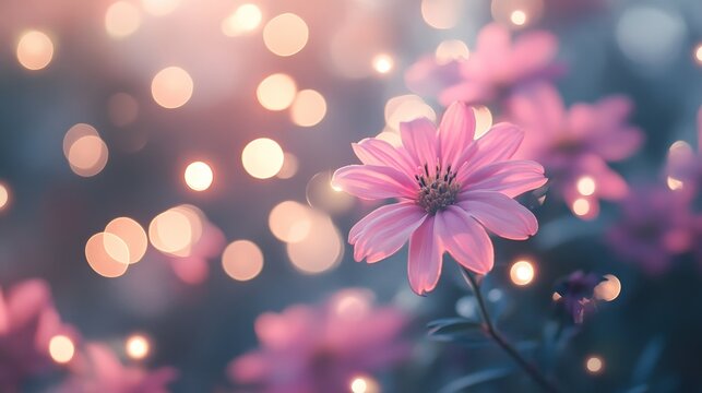 Pink Flower Blooming in Soft Sunlight with Bokeh Lights - A delicate pink flower blooms in the soft glow of sunlight, surrounded by a gentle bokeh effect of light. The image symbolizes beauty, new beg