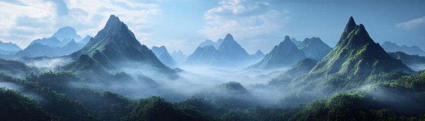 Fototapeta premium Majestic Mountain Range with Lush Greenery and Misty Valleys Under a Blue Sky