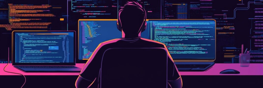 Programmer Working Late at Night, Focused on Code - A lone programmer sits at their desk, surrounded by screens filled with code, symbolizing dedication, hard work, problem solving,  late nights, and 