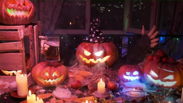 Halloween pumpkin jack o lantern waving skeleton hand invite drink beer and dance at night party in cool decorations and smoke.