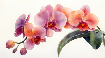 A watercolor painting of an orchid, with pink and orange flowers and green leaves on a white background, Generative AI