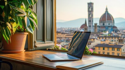 Fototapeta premium A laptop and travel guidebook on a table by a window, with a view of an old European city