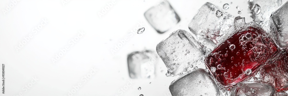 Aufkleber red ice cube splashing in water with ice cubes - a single red ice cube splashing into a glass of wat