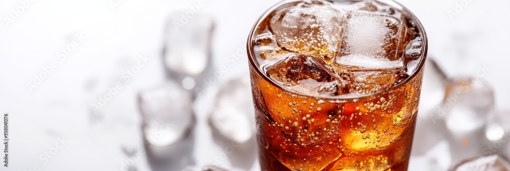 Poster refreshing cola with ice cubes - cold drink photography - a close-up image of a glass of cola with i