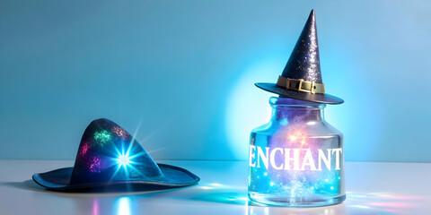 Fototapeta premium Holographic Witch Hat and Potion Bottle with Enchant Text concept as A sleek holographic witch hat and potion bottle with the word Enchant in a mystical glowing font. The design is isolated on a white