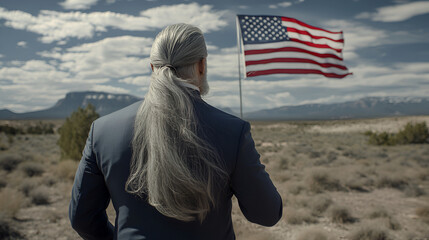 Leader in Desert Landscape with American Flag