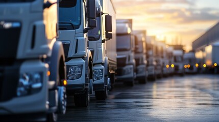 fleet of trucks parked in front of warehouse to delivering factory goods