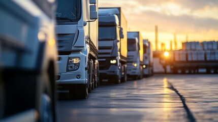 fleet of trucks parked in front of warehouse to delivering factory goods