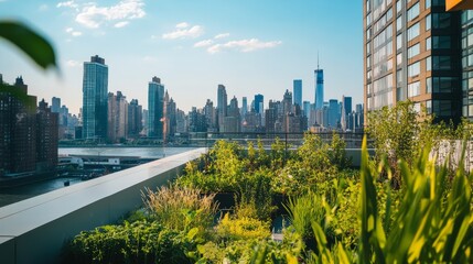 Fototapeta premium A thriving green rooftop with plants and a small garden, overlooking an urban skyline