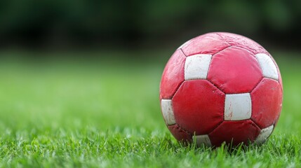 Fototapeta premium Red Soccer Ball on Grass