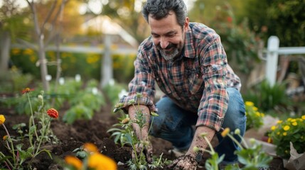 Fototapeta premium A man in his 40s planting flowers in a garden, with dirt on his hands and a smile on his face