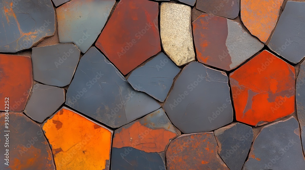 Wall mural a close-up shot of a stone wall with a variety of colors, including orange, red, and grey.