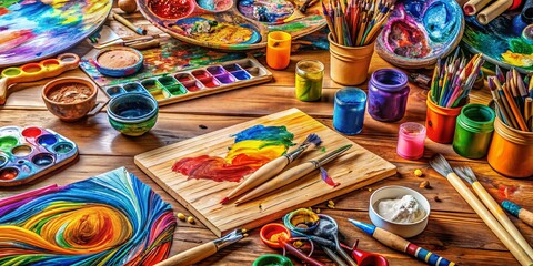 Vibrant art supplies scattered on wooden desk, featuring assorted paintbrushes, a mixing palette with swirled colors, and tubes of paint in a creative mess.