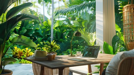 Fototapeta premium A minimalist workspace on a porch with a laptop, tablet, and view of a tropical garden