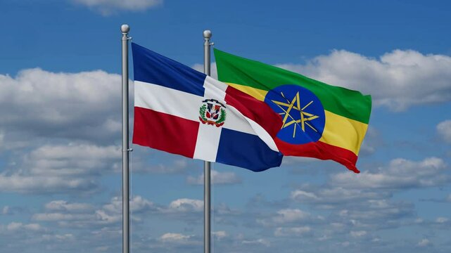 Ethiopia and Dominican flags flying together, video concept of the relationship, two country relations concept