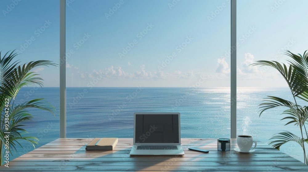Poster a minimalist workspace with a laptop and coffee on a desk, with a view of the ocean through a large 