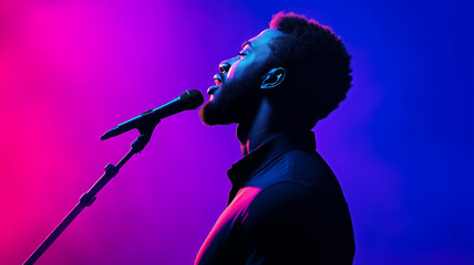 Powerful Christian gospel soloist singing passionately spotlight highlighting them with a deep blue and purple background intense focus and spiritual energy 