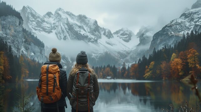 Adventurous Couple Gazing at Austrian Mountain Lake - Travel and Active Lifestyle Concept with Mountain Region Exploration - Powered by Adobe