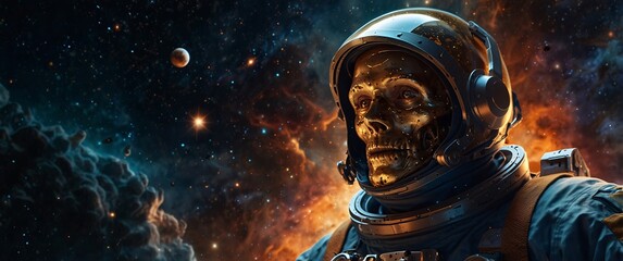 Fototapeta premium Dark Futuristic Spaceship Soars Over Earth, Accompanied by UFO, Astronaut, and Sinister Robot Cyborg in Isolated Space Scene with Skulls, Stars, and Alien Presence