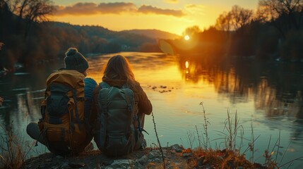 Riverside Retreat: Young Couple Relaxing in Outdoor Camping Adventure