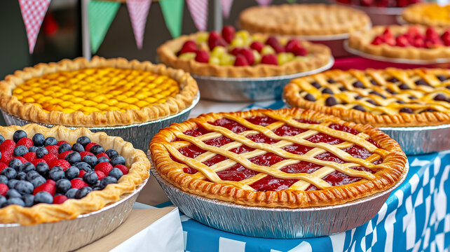 Rows of colorful pies on display at a country fair pie contest with vibrant fruit fillings golden crusts and decorative lattice designs rustic table and cheerful bunting 