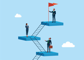 Business concept a ladder Corporate of success. Business people employee climb ladder to next level. Flat vector illustration © Vadym